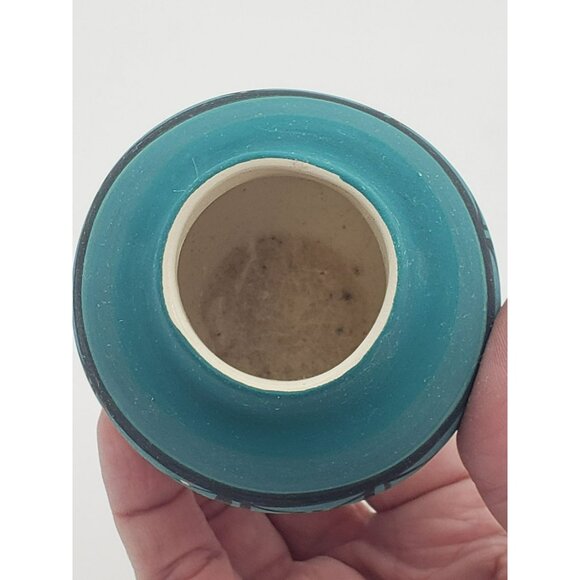 Handmade Pottery Mini Vase 2.5" Teal, Black, & White Design, unsigned - Picture 3 of 5
